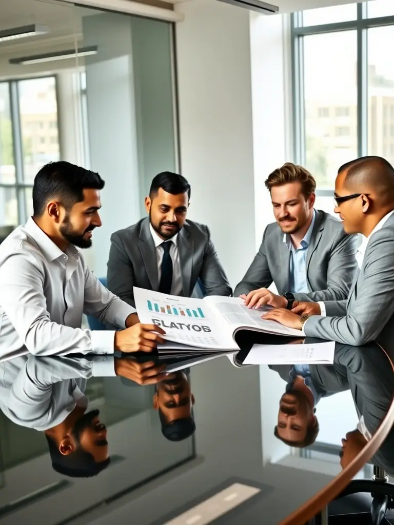 A professional photo of a diverse team of business leaders engaged in a structured decision-making process, using a playbook as a guide, in a modern office setting.