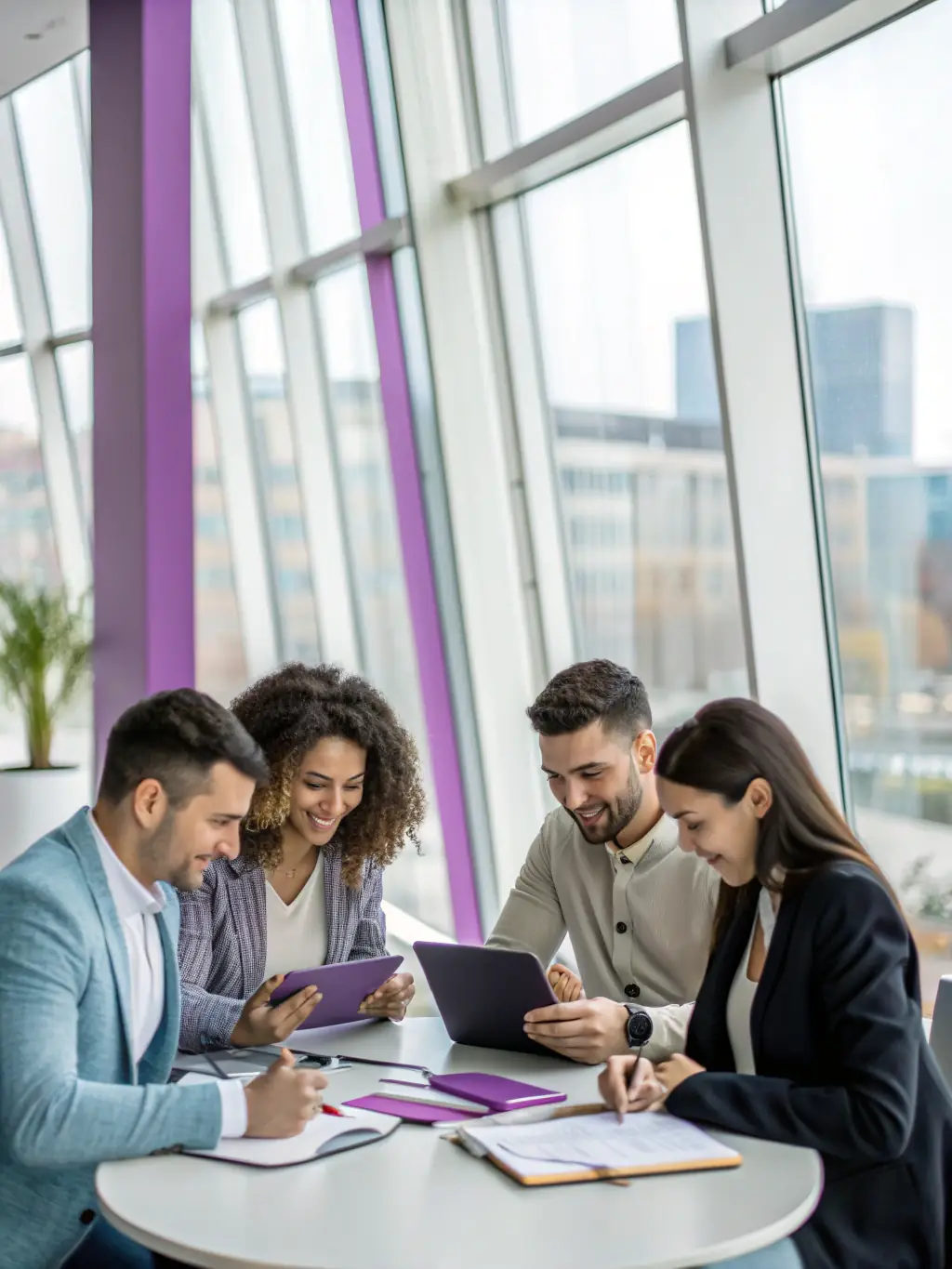 A photograph of a diverse team of professionals brainstorming ideas in a modern office, symbolizing clarity and shared vision.