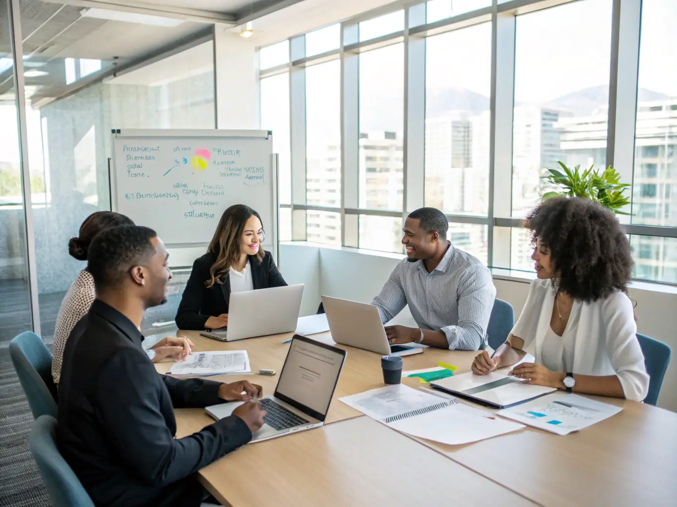 An image showing a diverse group of employees engaged in a feedback session, with one person actively listening and taking notes, representing a positive feedback culture.