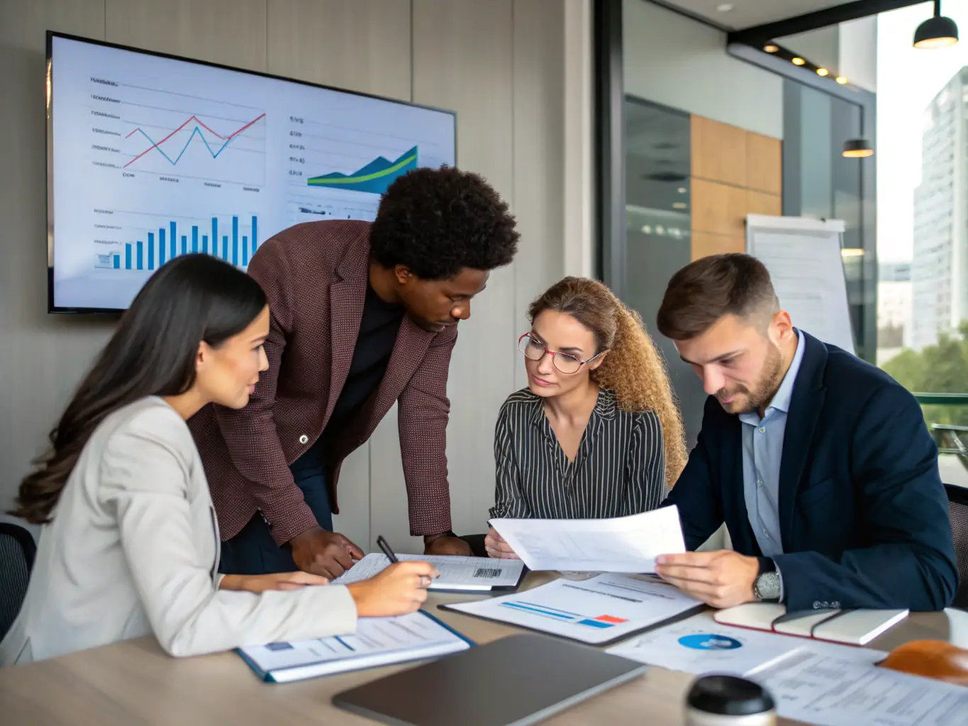 An image depicting a team collaborating around a table, reviewing a playbook document with charts and graphs, symbolizing strategic decision-making.