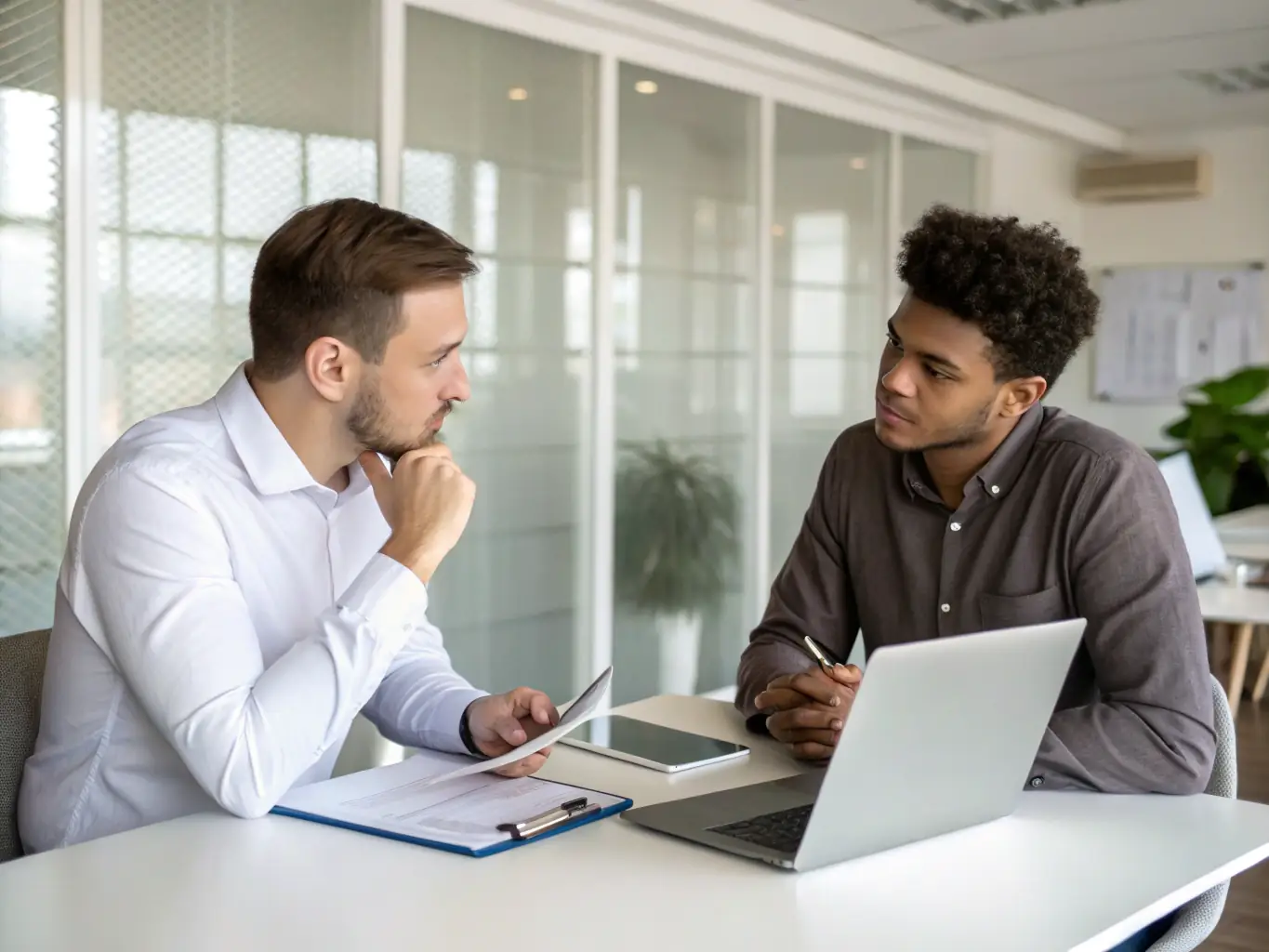 A mentor is reviewing a business plan with a mentee, providing constructive feedback and guidance on strategic improvements and growth opportunities.