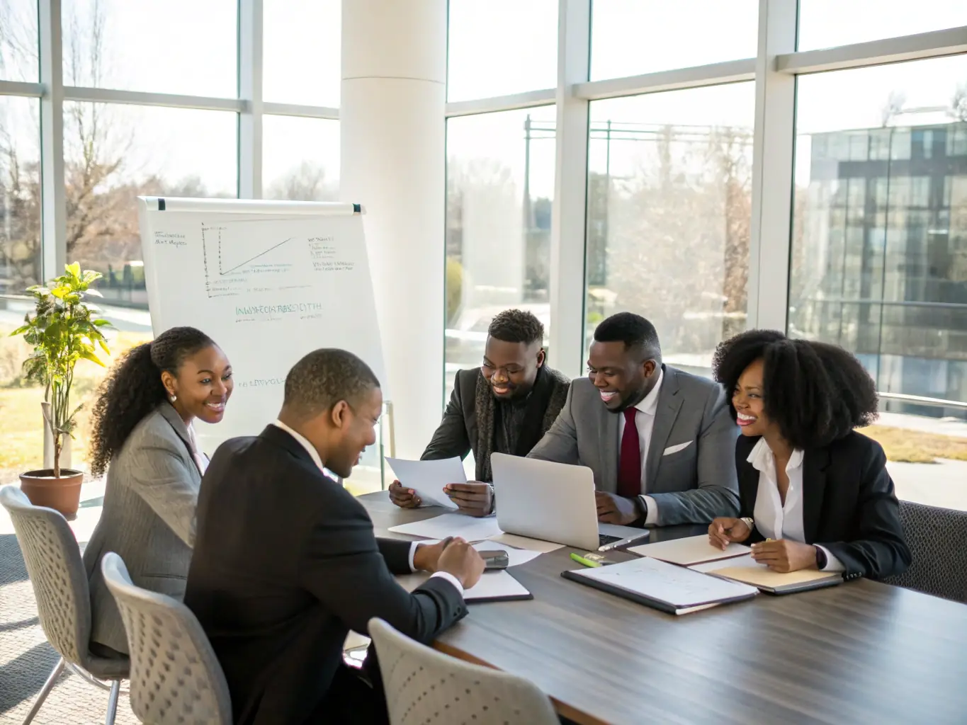 A diverse group of business professionals are participating in a leadership workshop, actively engaging in discussions and collaborative problem-solving activities.
