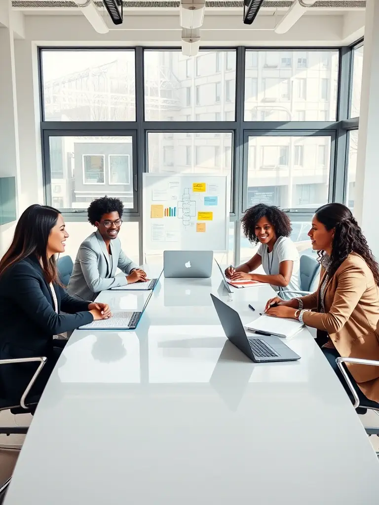 An image depicting a group of employees actively participating in a feedback session, using a structured framework outlined in a playbook, in a collaborative workspace.