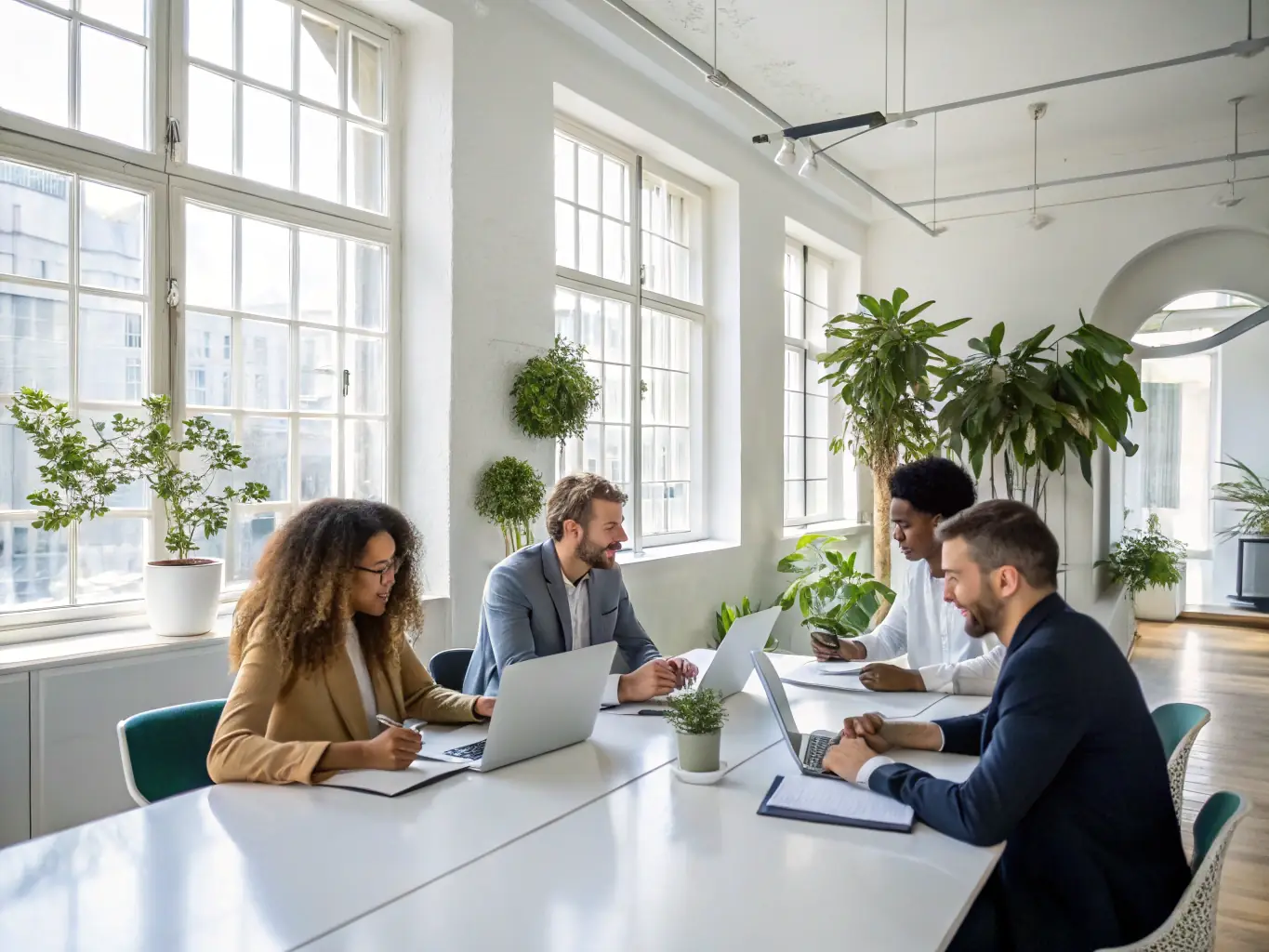A diverse group of business professionals participating in a dynamic group mentorship session, brainstorming ideas and sharing insights in a collaborative environment.