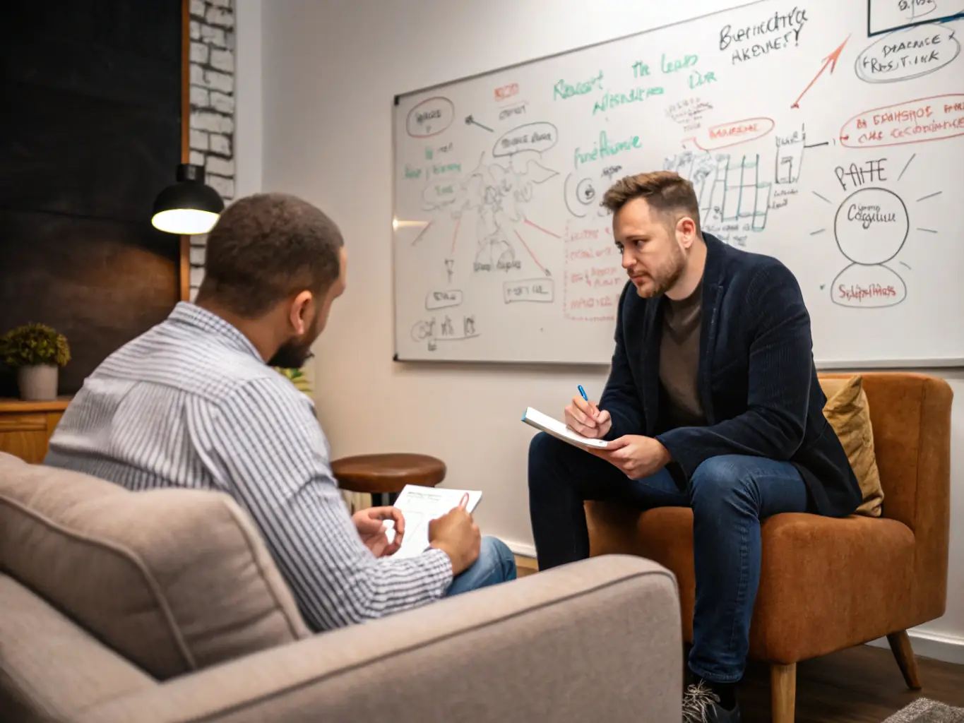 A leadership mentor is guiding a client through a playbook exercise, using visual aids and interactive tools to facilitate understanding and application of the concepts.