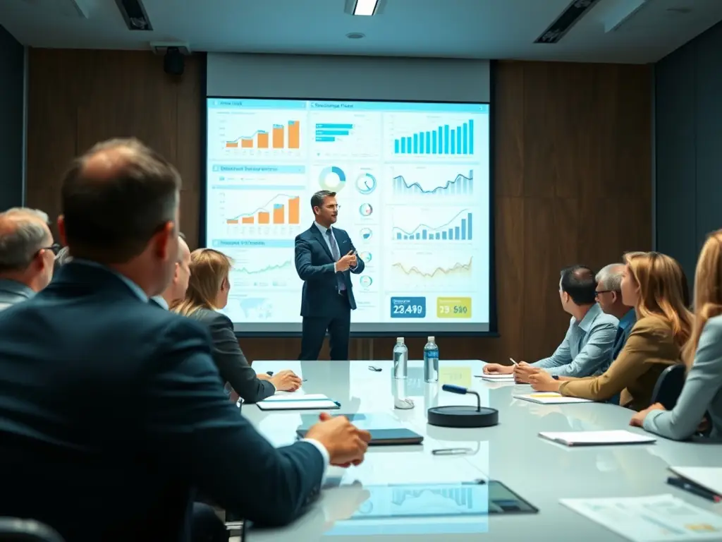 A business leader confidently presenting a strategic plan to their team, showcasing improved clarity and execution skills gained through the mentorship program.