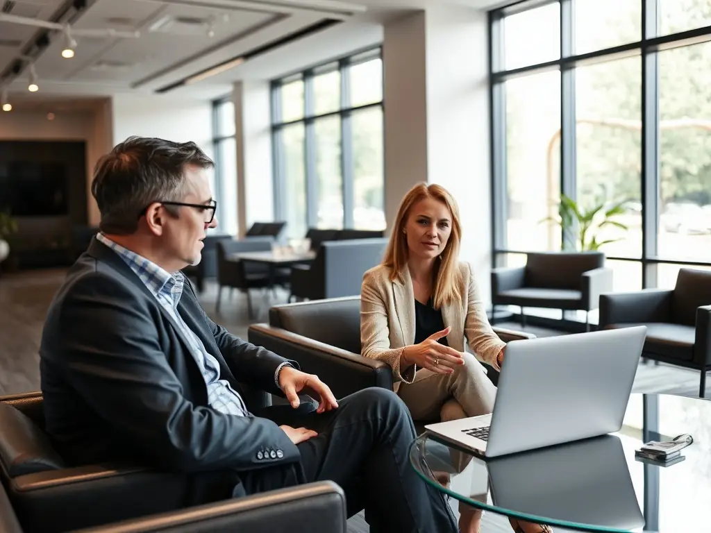 A professional business coach in a one-on-one session with a client, reviewing business plans and providing personalized guidance in a modern office setting.
